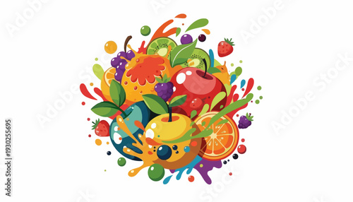 Vibrant Fruits and Leaves Illustration Splashing in a Colorful Display
