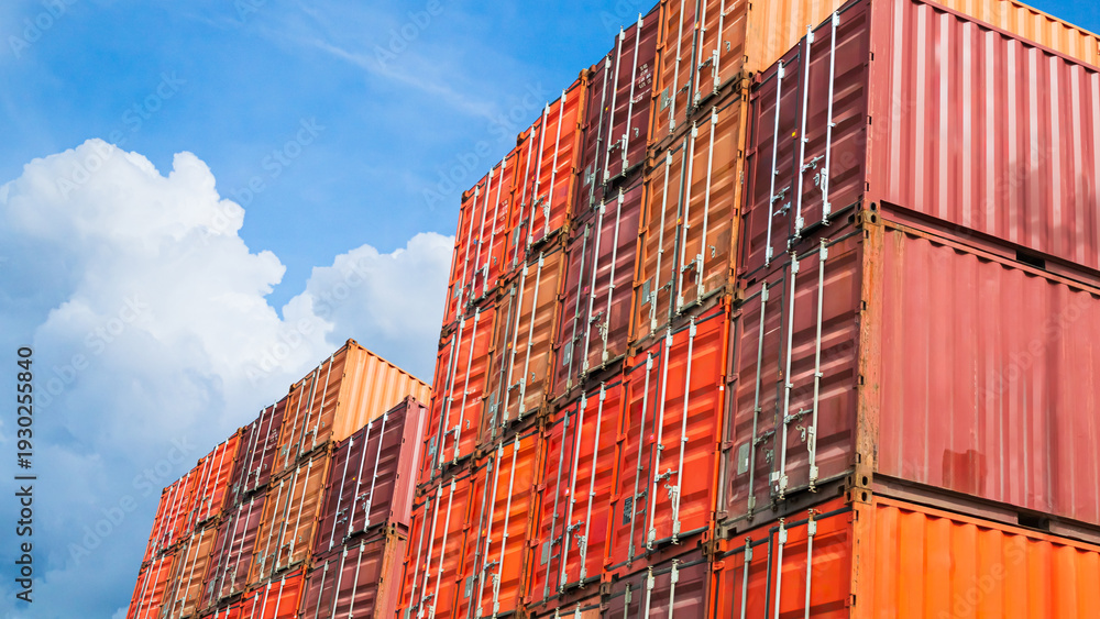 Fototapeta premium Cargo ship container goods export import international transport on blue sky background, warehouse industry business logistics transportation harbor port industrial shipping terminal cargo ship.