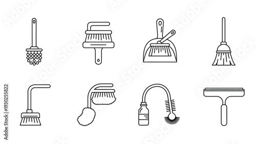 Collection of eight essential household cleaning tool line art icons depicting brushes brooms dustpans and squeegee for home maintenance tasks