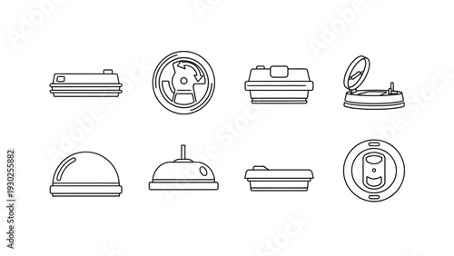 A comprehensive vector graphic illustration showcases an assortment of distinct coffee cup lids and beverage container tops, perfect for modern graphic design, packaging, and digital projects.