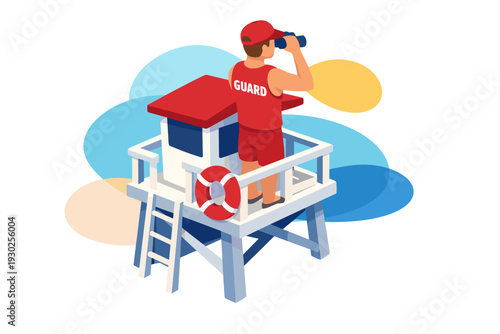 Lifeguard on duty watching with binoculars from tower.