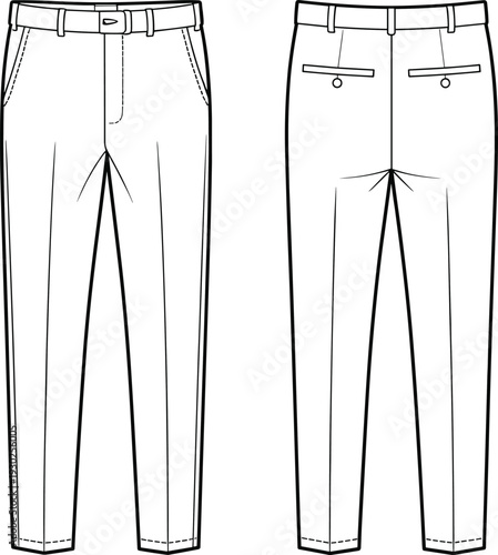 Flat vector CAD drawing of formal men’s trousers with waistband, belt loops, welt pockets, pleats, and slim fit front back