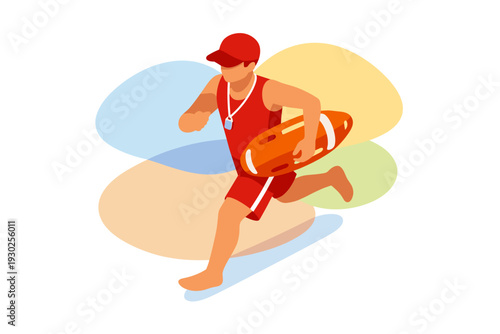 Lifeguard running with rescue buoy on duty.