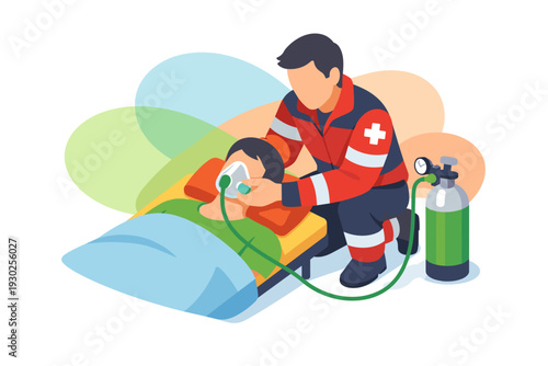 Paramedic administering oxygen therapy to patient lying down.