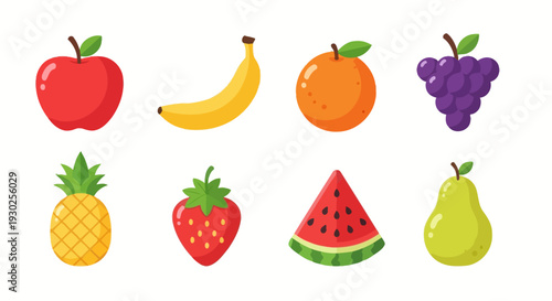 A vibrant collection of fresh, healthy fruit icons, showcasing essential natural ingredients perfect for promoting a wholesome diet and diverse culinary designs