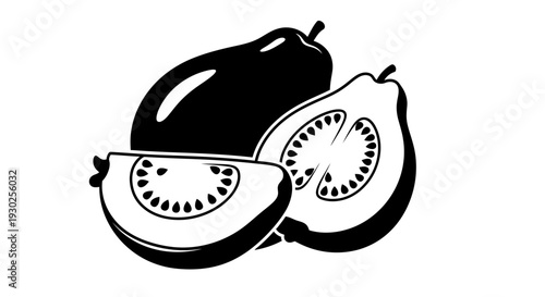 Stylized monochrome illustration of fresh tropical guavas, presented whole and in sliced halves, highlighting natural form and health benefits for food and wellness graphic design