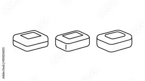 Set of three simple black line art vector graphics illustrating various styles of rectangular bar soap resting