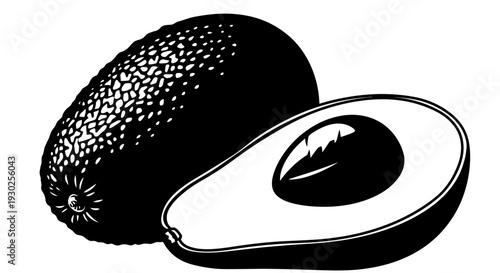 Avocado illustration design element, showcasing a whole and halved fruit with pit, in a simple vector art style.