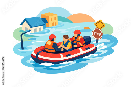 Rescue team in boat saving people from flooded town illustration.