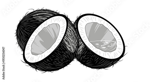 Coconuts cut in half with husk and coconut water illustration 