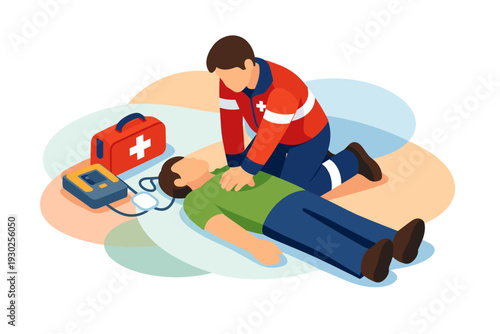 Paramedic performing CPR on a patient with defibrillator nearby.