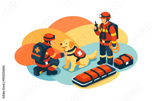 Search and Rescue Team with Dog and Equipment.