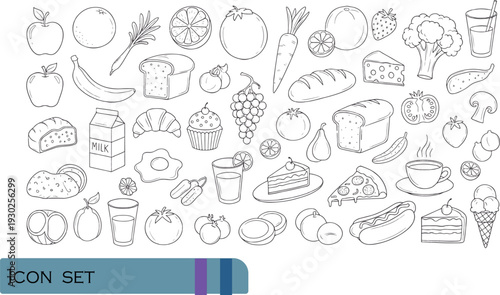 Print Hand-Drawn Doodle Food and Beverage Icon Set Featuring Fresh Produce Bakery Items Fast Food and Refreshing Drinks