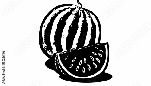 Illustration of a striped watermelon with a slice cut, showcasing seeds and shadow, vector graphic artwork