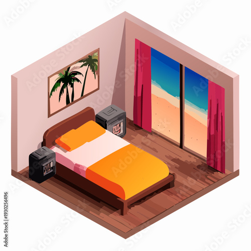 Isometric Bedroom Interior with Bed and Nightstands.