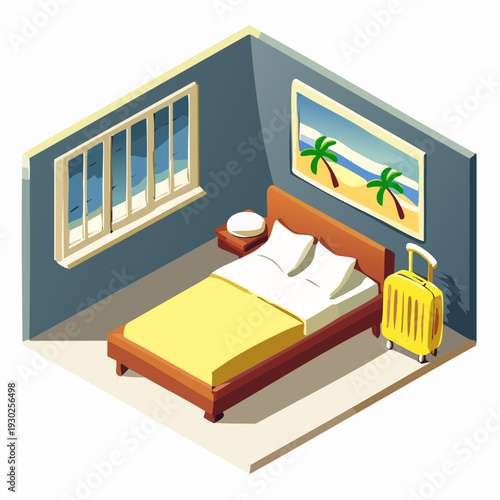Isometric view of a cozy hotel room with a bed nightstand and a suitcase ready for a relaxing vacation.