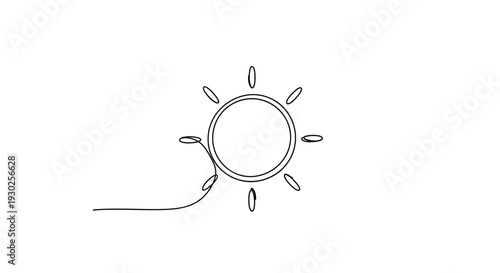 Minimalist Single Line Drawing of a Bright Sun with Rays on White Background