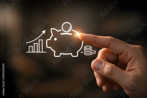 Finger Pointing at Digital Piggy Bank Icon for Savings and Growth