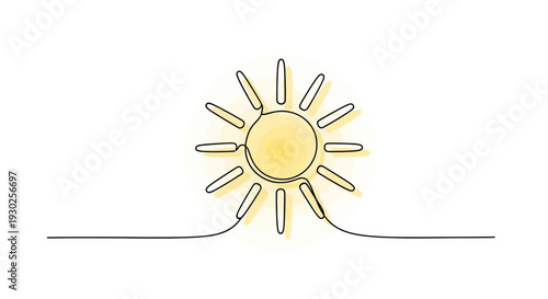 Minimalist Single Line Drawing of a Bright Yellow Sun with Rays on White Background