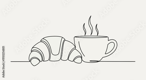 Minimalist single line drawing of a croissant and a steaming cup of coffee, breakfast concept.