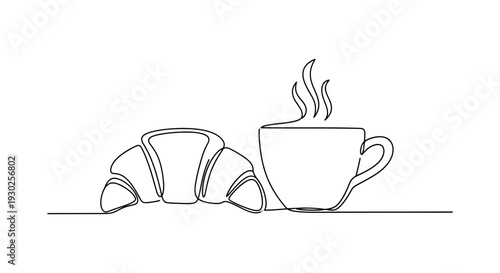 Minimalist single line drawing of a croissant and a steaming cup of coffee