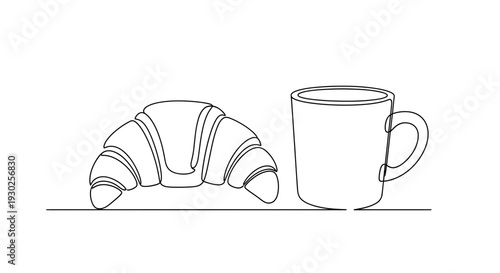 Minimalist single line drawing of a croissant and coffee mug, breakfast, simple line art
