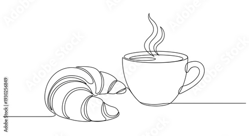 Minimalist single line drawing of a croissant and hot coffee cup with steam, breakfast concept