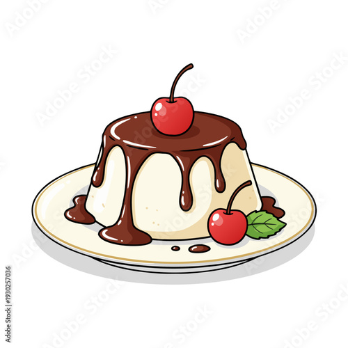 Hand Drawn Dessert Pudding with Chocolate Sauce and Cherry Fruit Illustration