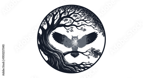 Mystical Owl on Tree Branch in Circular Forest Silhouette