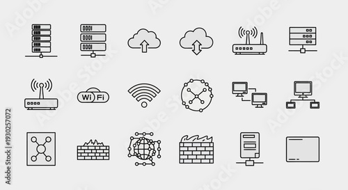 Network and Technology Icons: Servers, Cloud, Wi-Fi, Firewall, Router, Computer
