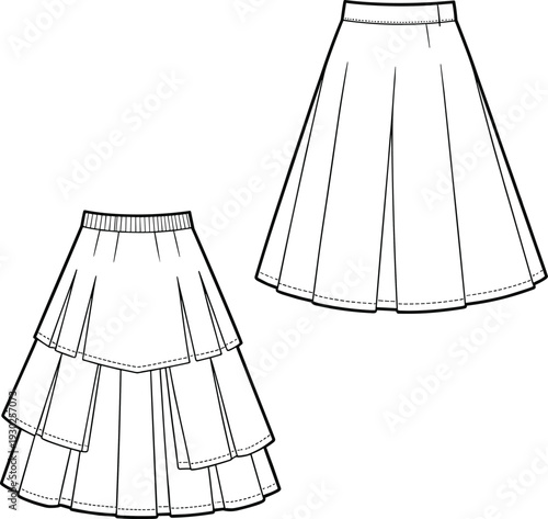 Flat vector CAD drawing of girls tiered flared skirt with elastic waistband, layered ruffles, back zipper, knee-length design