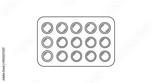 A rectangular blister pack containing twelve circular pills viewed from directly above