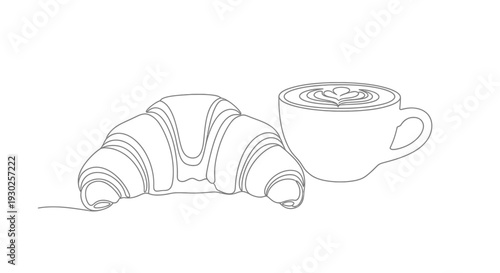 Minimalist line art of a croissant and coffee with latte art