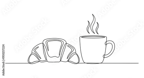 Minimalist line art of a croissant and steaming coffee cup on a white background