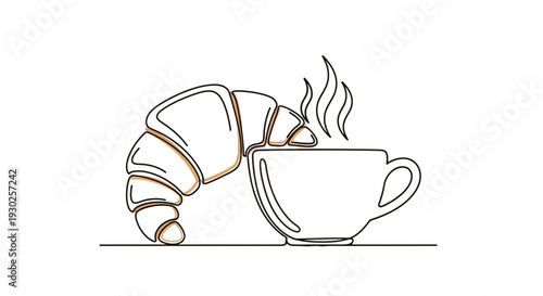Minimalist line art of a croissant and steaming coffee cup, breakfast concept