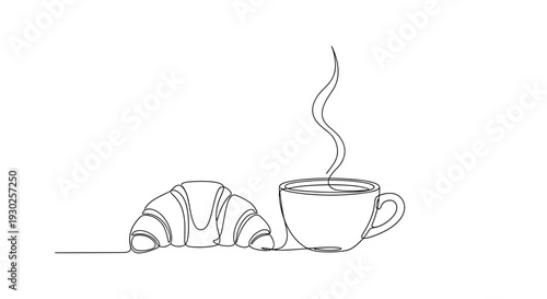 Minimalist line art of a croissant and steaming coffee cup, breakfast concept