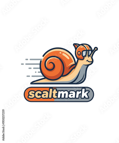 Dynamic vector graphic illustration of a speedy cartoon snail wearing a helmet and goggles, featuring the "scaltmark" branding.