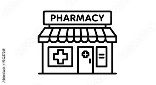 Line art icon of a pharmacy building, featuring an awning, medical cross, and 'PHARMACY' sign. Ideal for health, medication, and retail concepts in digital designs