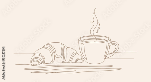 Minimalist line art of a steaming coffee cup and croissant, breakfast concept
