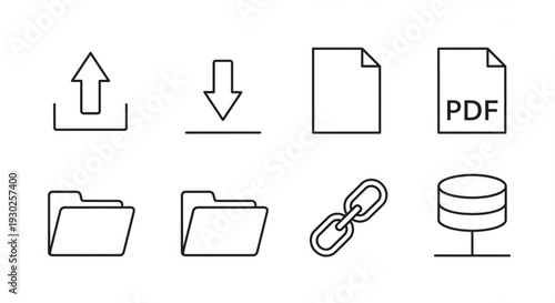A versatile collection of linear icons representing digital file management, data transfer, and information storage processes for web and application design elements