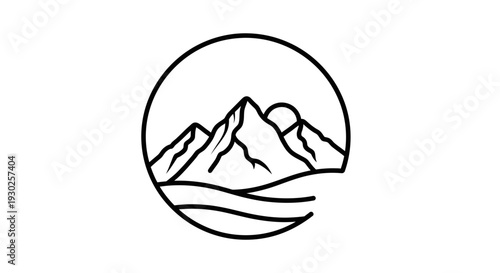 Minimalist mountain landscape with sun and waves in a circle logo