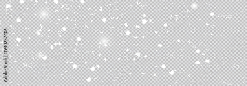 Falling snow dust and snowflake overlay. Transparent white winter background with realistic snowfall for festive design.
