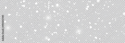 Falling snow dust and snowflake overlay. Transparent white winter background with realistic snowfall for festive design.