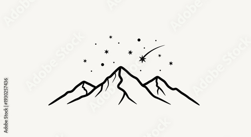 Minimalist mountain range silhouette with shooting star and stars at night