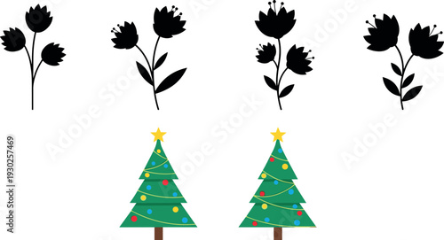 Floral Silhouette and Christmas Tree Vector Set Featuring Black Botanical Flowers and Decorated Holiday Pine Trees for Seasonal and Decorative Design