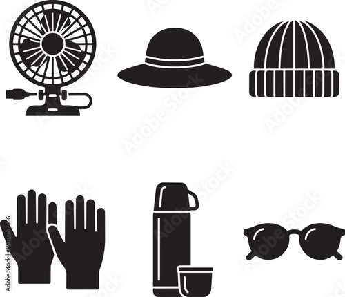 Climate Adaptation and Seasonal Personal Comfort Essentials Silhouette Icon Set Vector Illustration