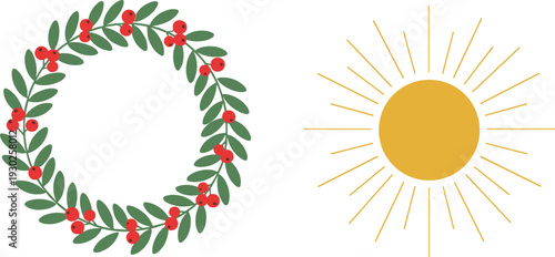 Floral Wreath with Red Berries and Green Leaves Circle Frame and Bright Sun Icon Set for Nature, Summer, and Decorative Design