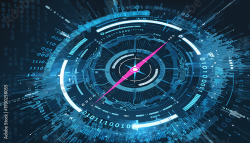 A futuristic vector illustration of a neon blue target with a pink crosshair in a digital environment viewed from directly above