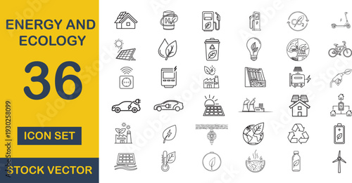 Energy and Ecology icon set. Editable line icons. Vector illustration - stock vector.
