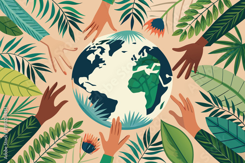 Diverse Hands Around Earth Surrounded by Leaves Symbolizing Global Environmental Protection and Unity